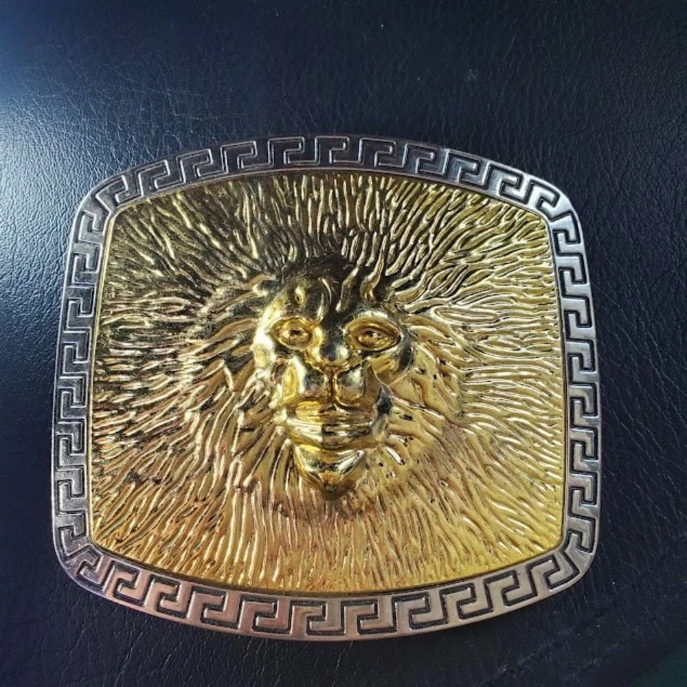 Lion Head Belt Buckle Two Tone Gold Silver Greek Key Border Statement Fashion
